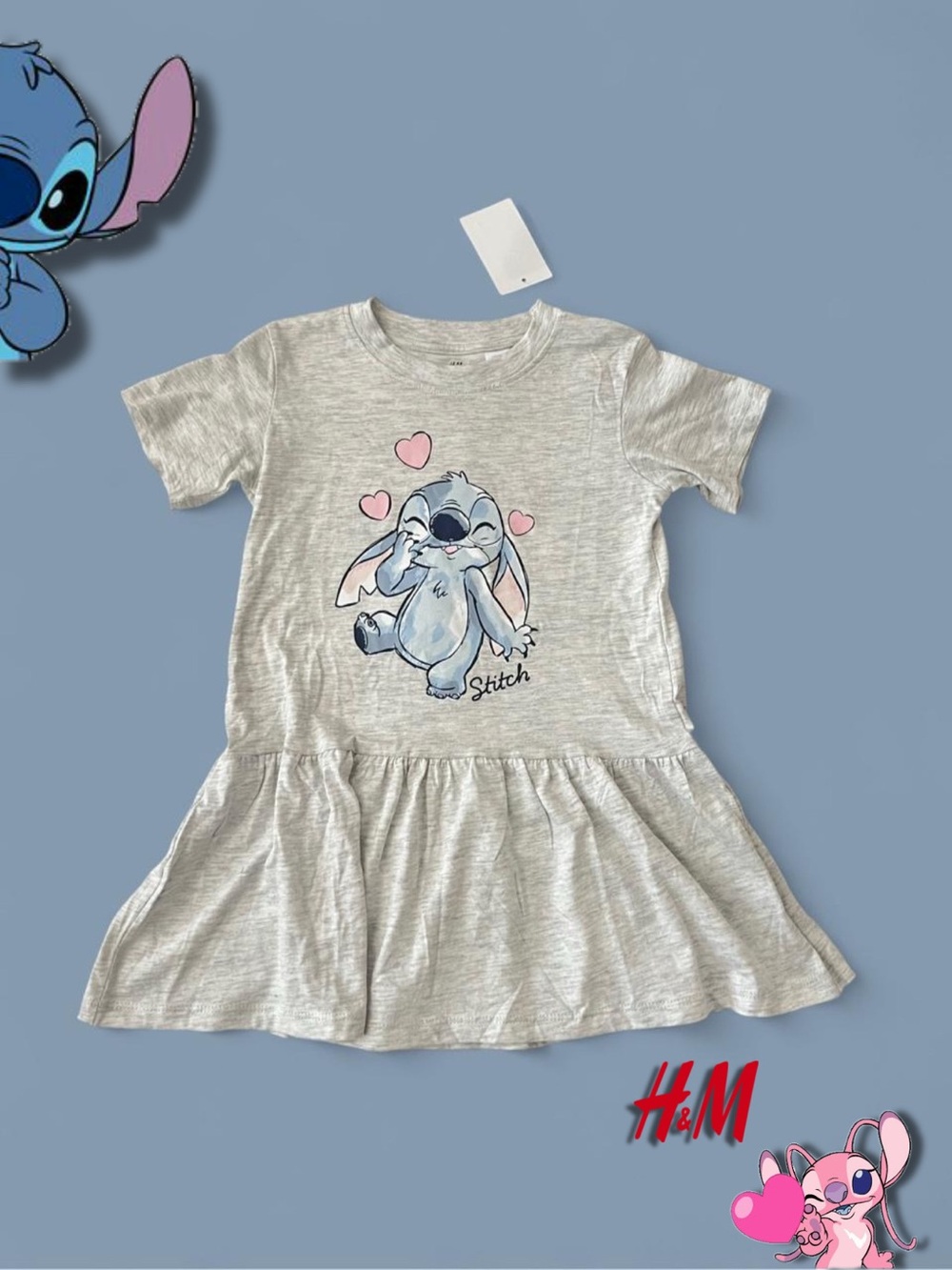 H&M Light Gray Stitch Graphic dress with Pink Heart